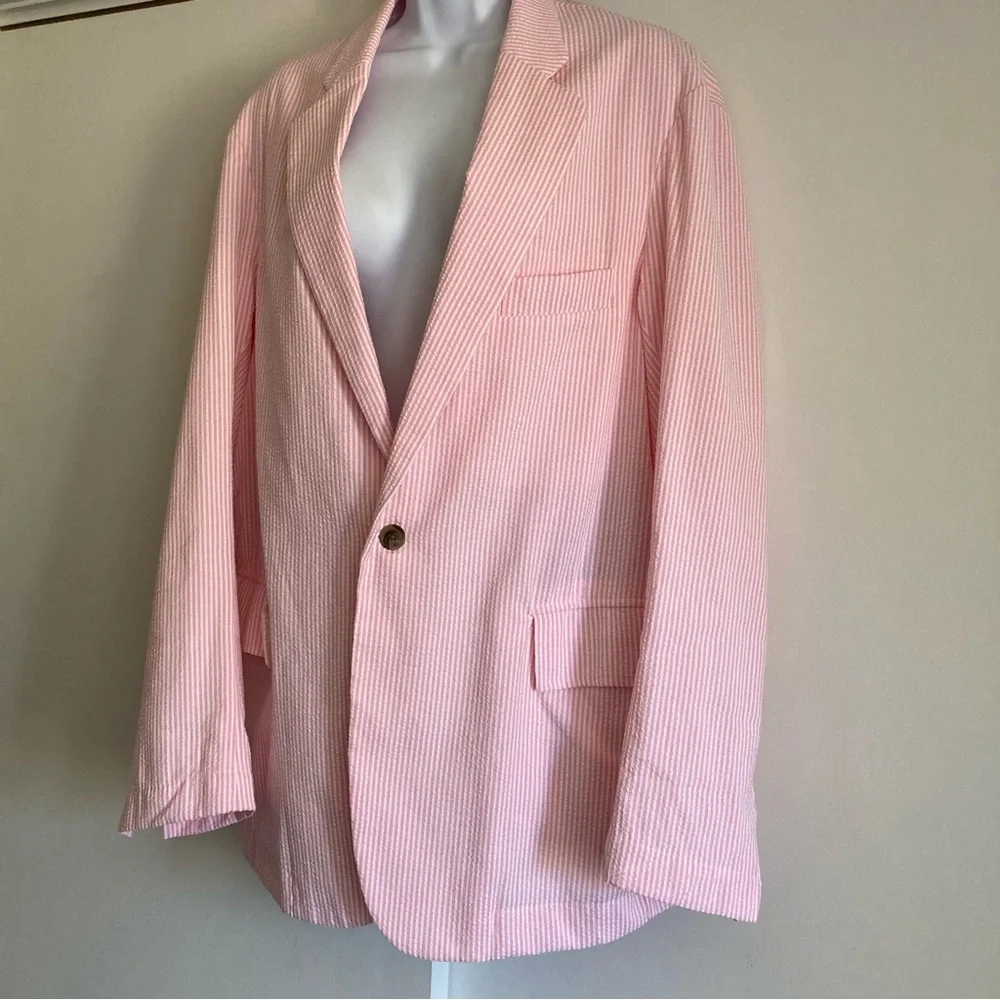 Denimist Pinstriped Pink Seersucker Deconstructed Oversized Blazer, XS Runs Big - Picture 8 of 14